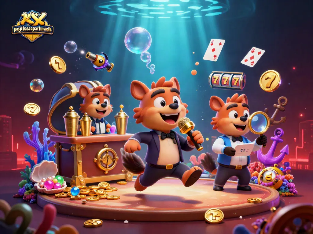 Engage with paylessapartments in this vibrant casino-themed illustration featuring hyenas and gaming elements.