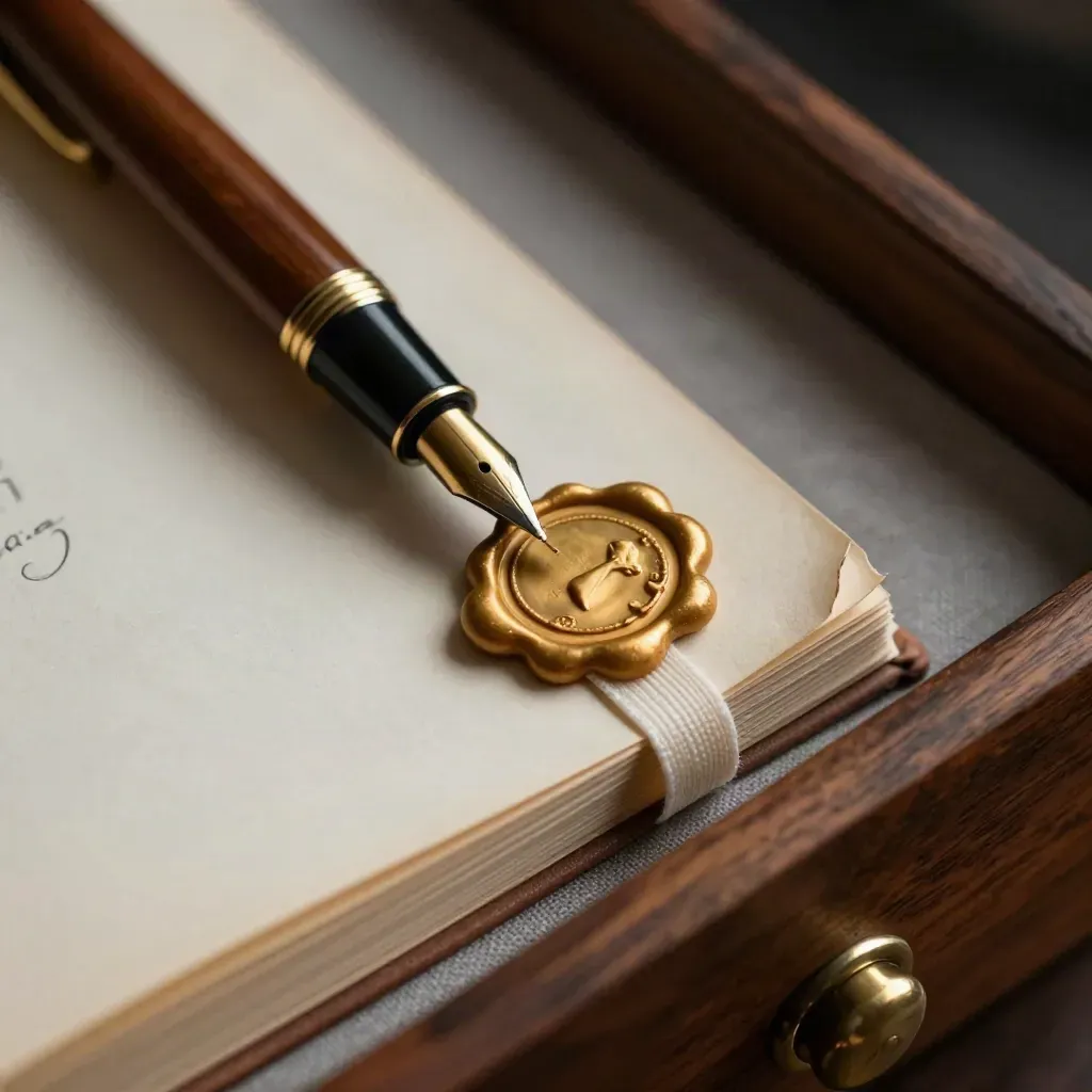 Testamento sigillato con ceralacca e nastro avorio su archivio in legno scuro.