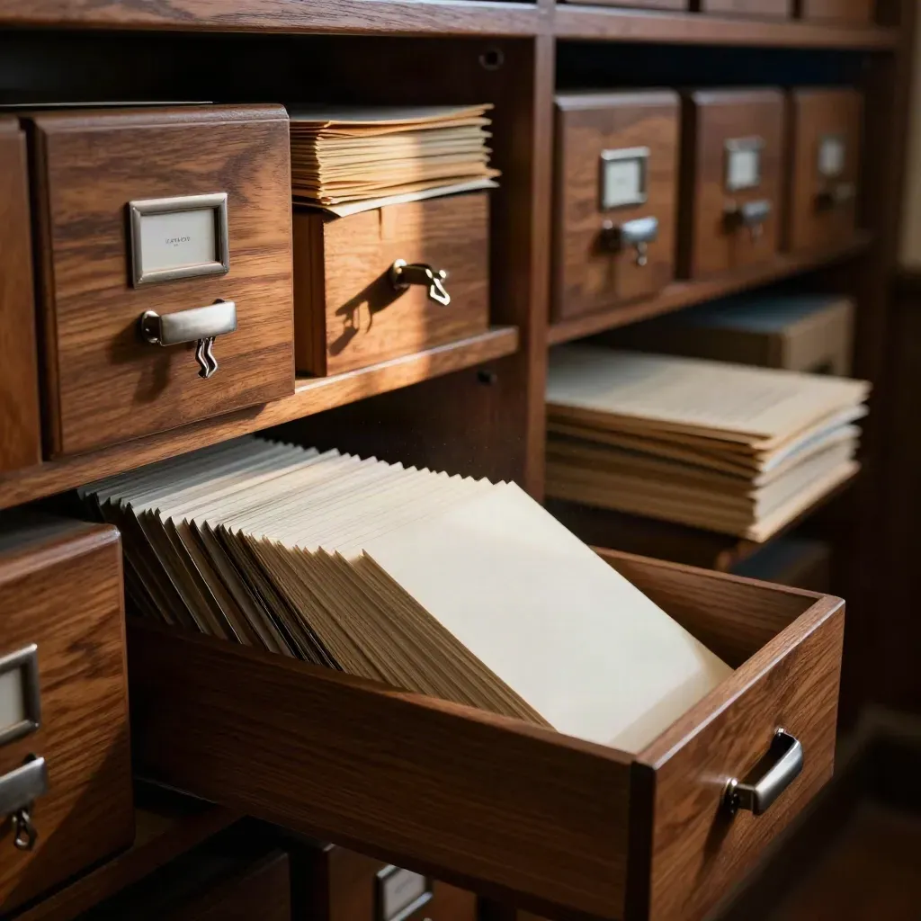 Cassetti archivio in legno scuro con clip metalliche e schede bianche in luce drammatica.