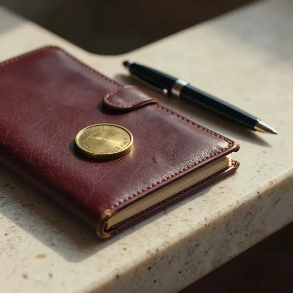 Folio legale bordeaux, sigillo notarile in ottone e penna nera su pietra travertino.
