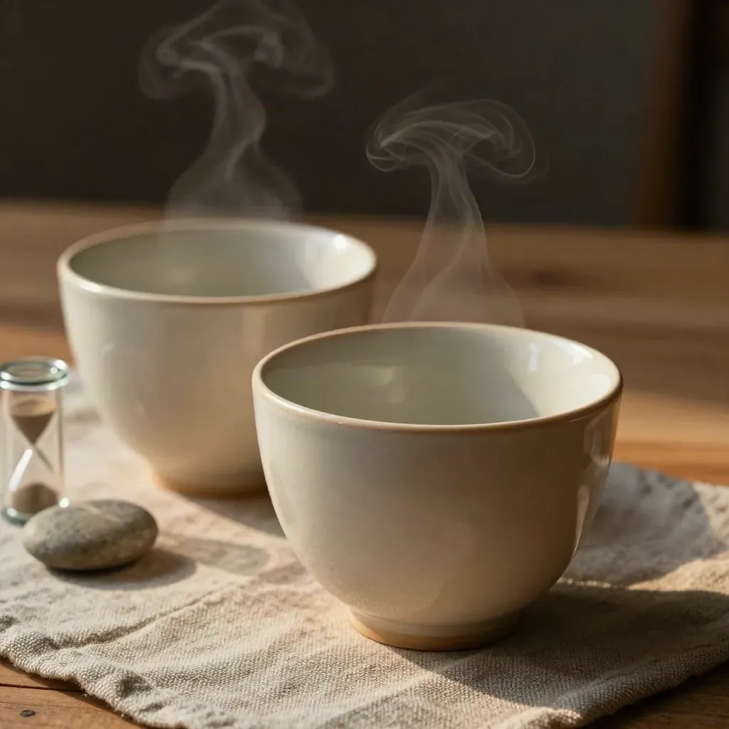 Due tazze in ceramica, clessidra e pietra su lino, luce calda e vapore.