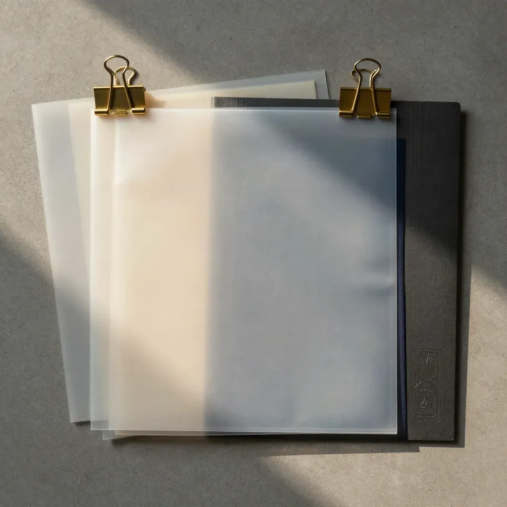 Fascicolo archivio con cartelline sigillate, clip in ottone e cartella embossata su cemento.