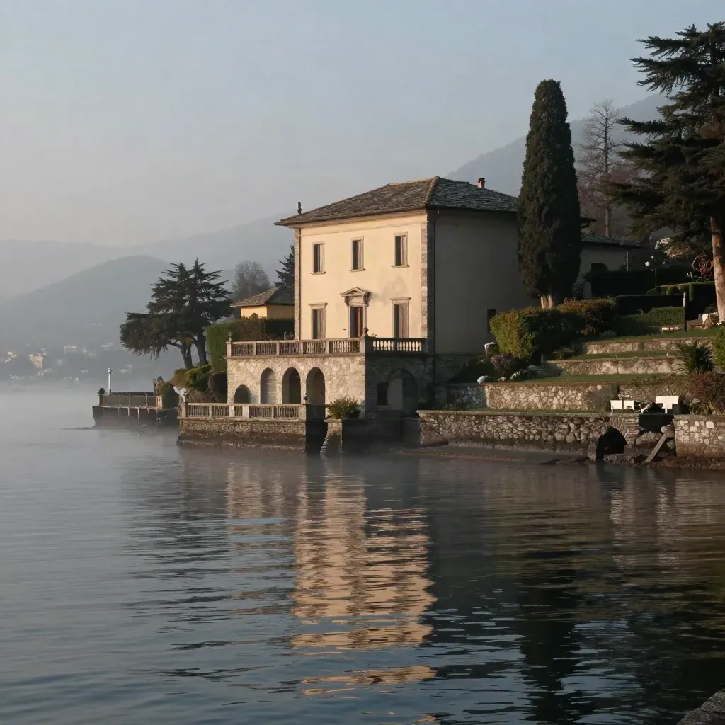 Villa in pietra sul Lago di Como all’alba, tra terrazze e nebbia leggera.
