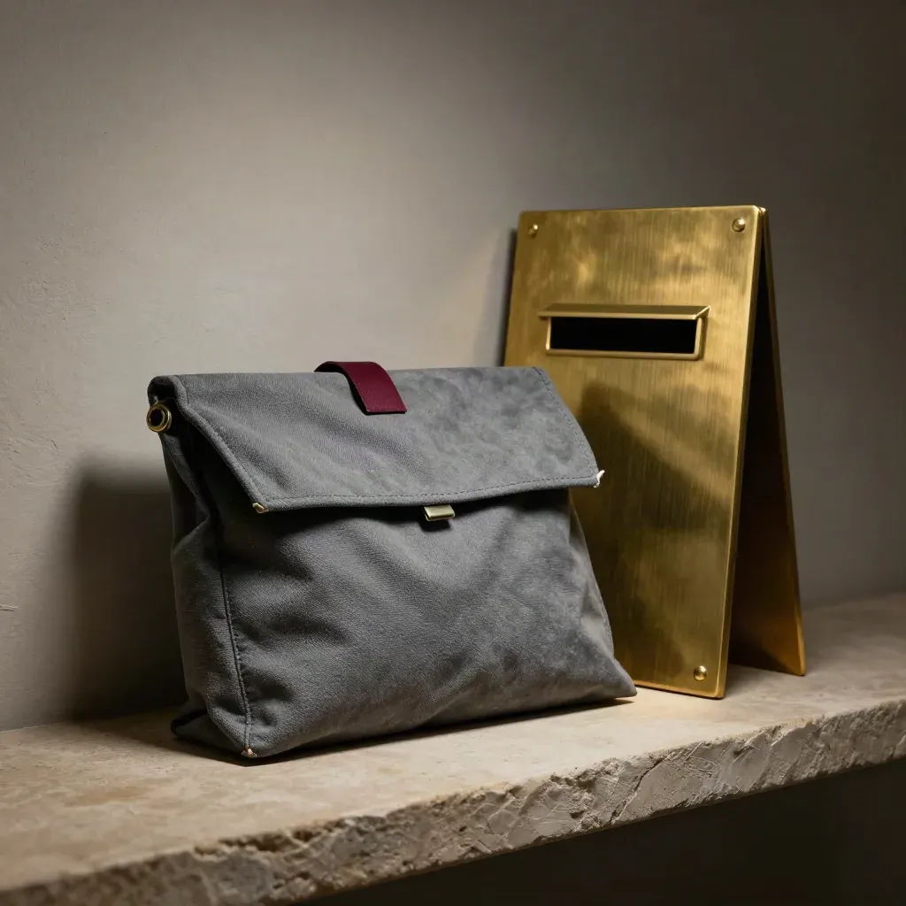 Borsa corriere sigillata con piastra in ottone su mensola di pietra, luce laterale morbida.