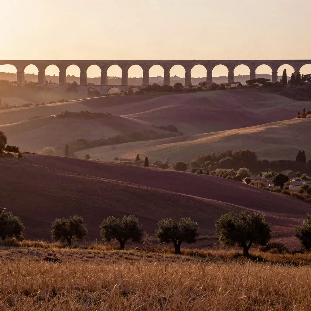 Acquedotto romano nella campagna laziale al tramonto, campi ocra e luce dorata.
