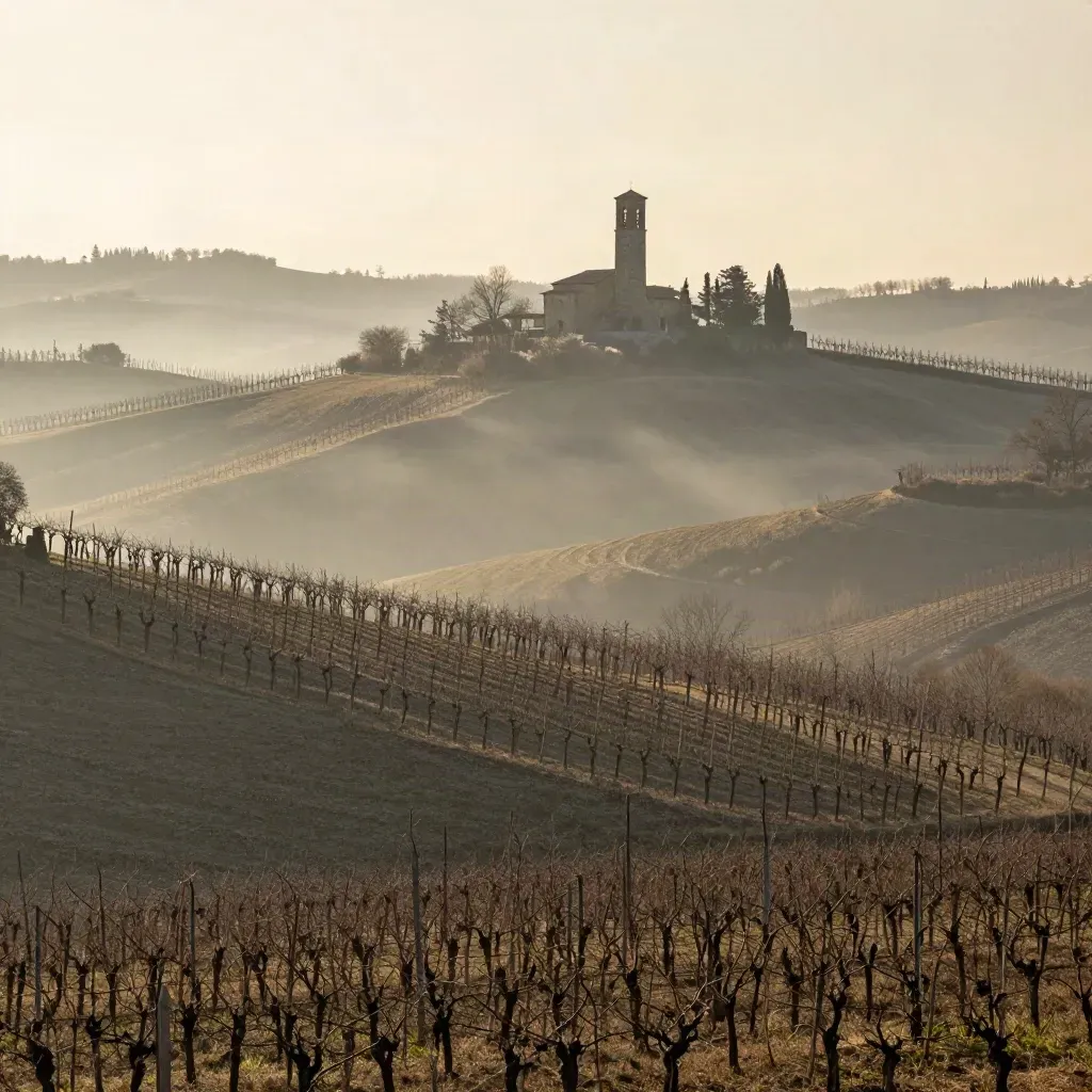 Vigneti delle Langhe avvolti dalla nebbia con cappella in cima alla collina.