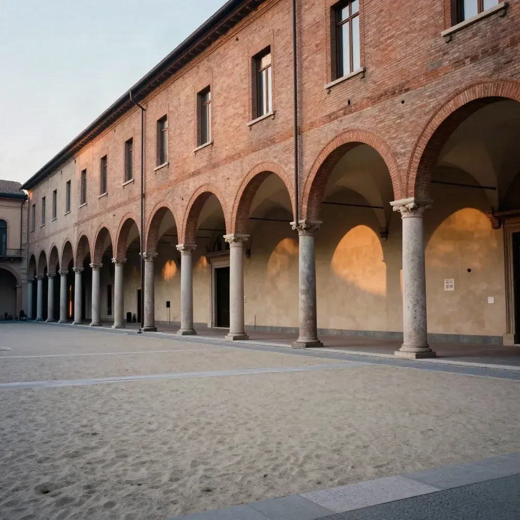 Portici di Bologna al crepuscolo con piazza vuota e luce radente calda.